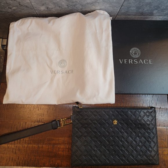 Authentic Versace Black Leather Wristlet Clutch, Gold Hardware 6.5"(L) x 10"(W) - Picture 12 of 14